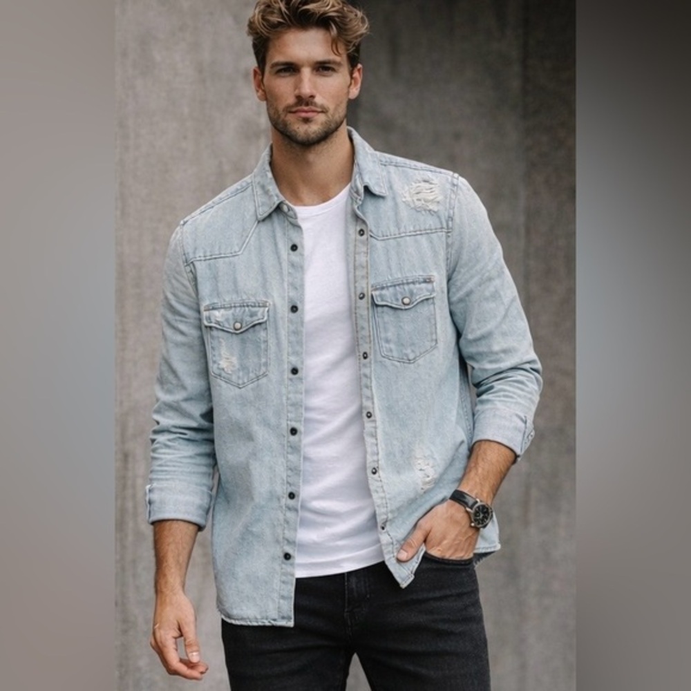 Zara‎ Man Distressed Men's Denim Shirt Relaxed Fit  Sz M